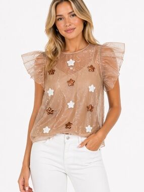TCEC Size Large Women's Boutique Sheer Ruffle Sleeve Top Star Sequin Accents